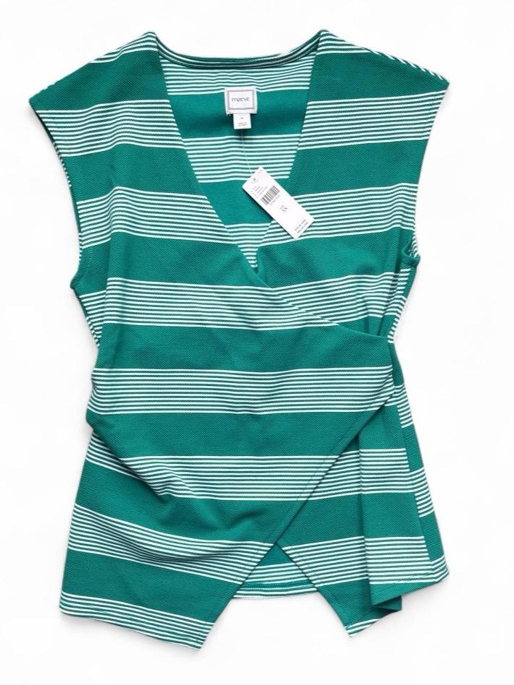 Maeve Teal and White Striped Faux-Wrap Sleeveless Top